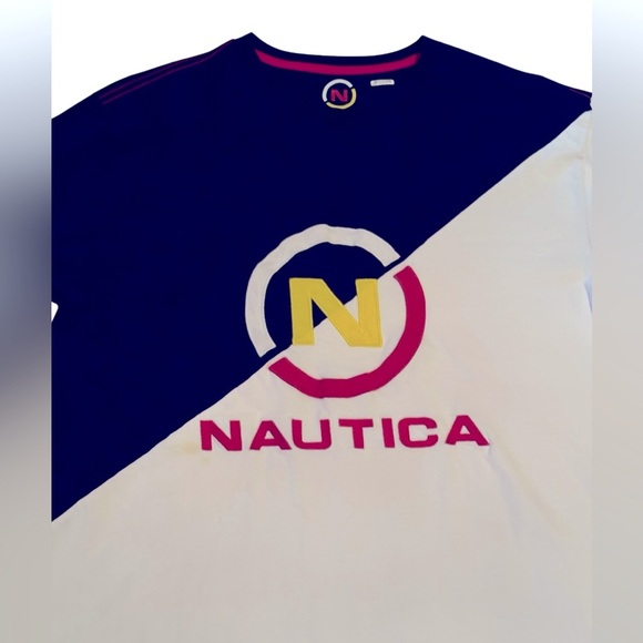 Mens Nautica Short Sleeve Shirt Size XL Logo Design 100% Cotton Blue White - Picture 5 of 5